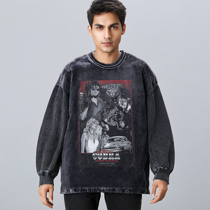 Mens Vintage Long Sleeve Shirt Washed Crew Neck Sweater Casual