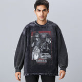 Mens Vintage Long Sleeve Shirt Washed Crew Neck Sweater Casual
