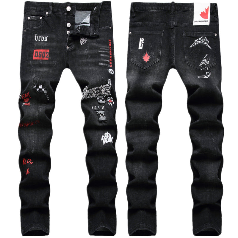 DSQ2 Jeans Rhinestone Decorated Ripped Stretch Jeans