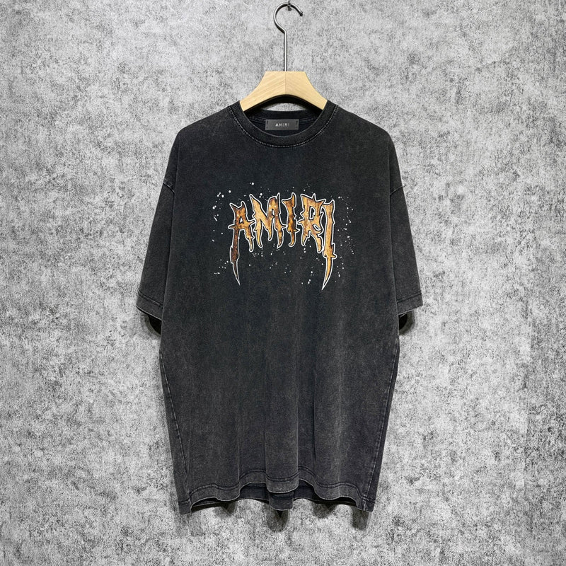 Amiri washed t-shirt splash paint skeleton printing short sleeves
