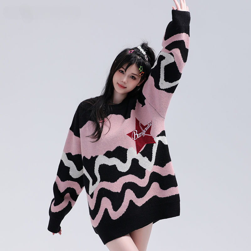 Women Sweater Contrast Color Couple Knitted Top Vibe Idle Style Loose