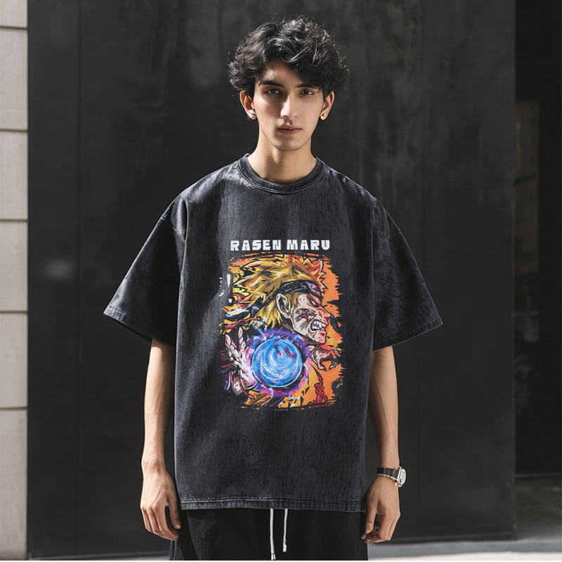 Mens Vintage T Shirt Washed Cartoon Print Short Sleeve