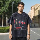 Mens Vintage T-Shirt Cotton Washed Printed Short Sleeve T-Shirt
