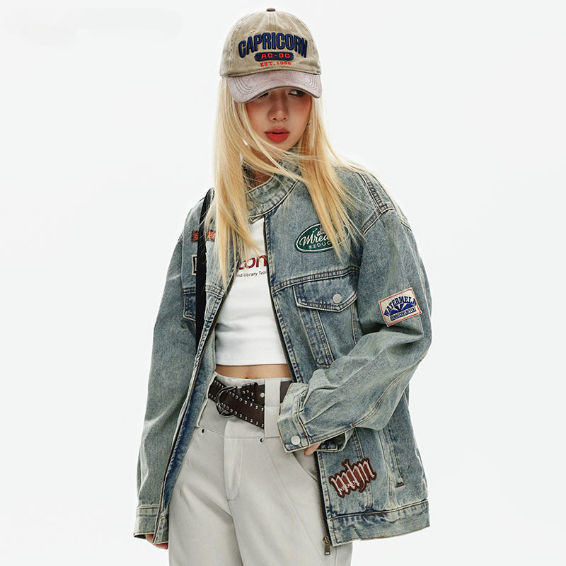 Women Jackets Retro Stand Collar Workwear Denim