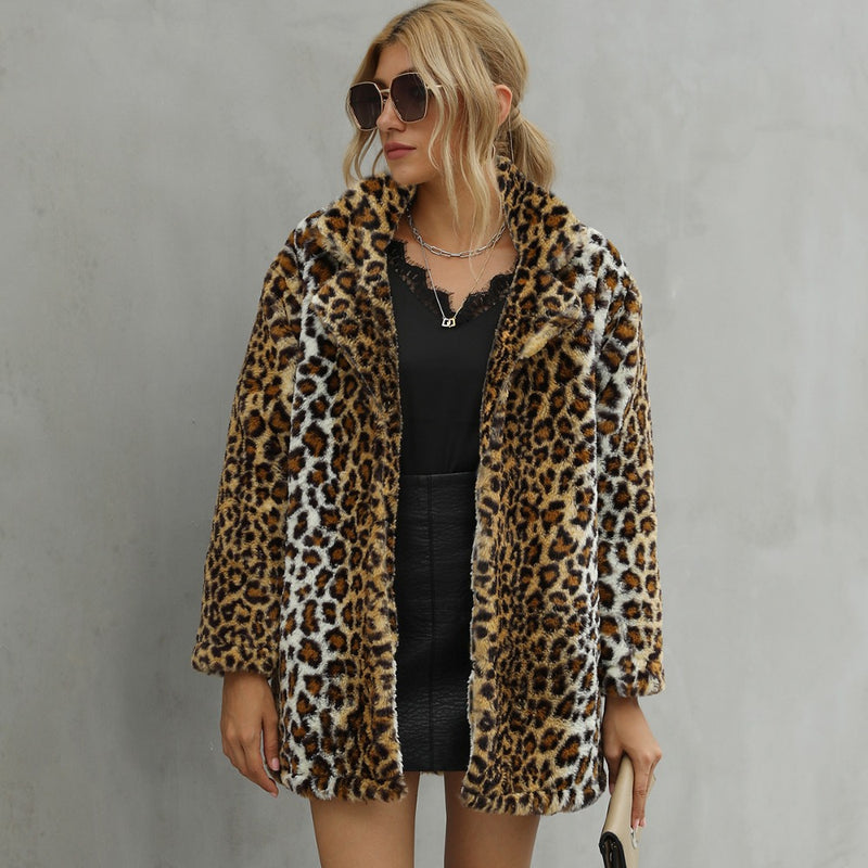 Women Fur Jacket Leopard Print Wool Coat