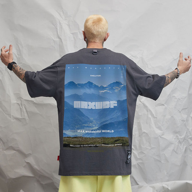 Men T-Shirt Snow Mountain Landscape Printing Summer Vibe Loose