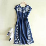 Women Dresses Elegant Embroidery Denim Dress