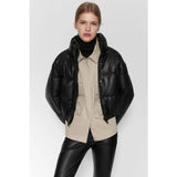Women Cotton Coat Solid Color Simple Imitation Leather Cotton Jacket