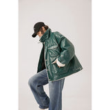 Unisex Coat PU Leather Cotton-Padded Coat Lamb Wool Thickening Stand Collar