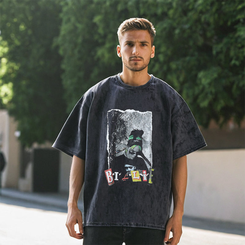 Mens Vintage T Shirt Printed Washed Old Short Sleeves