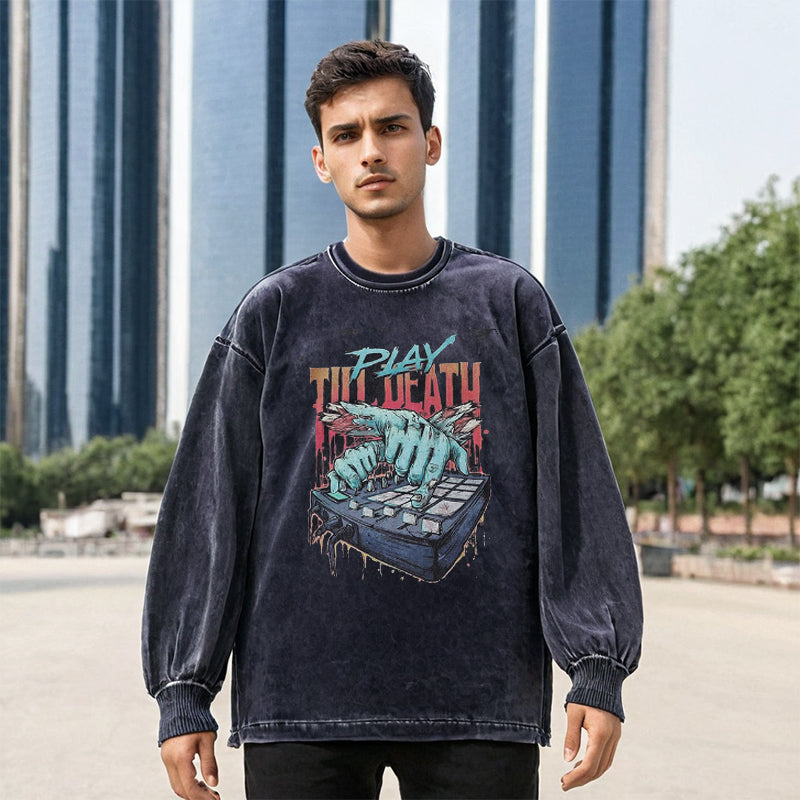 Mens Vintage Long Sleeve Shirt Print Wash Loose