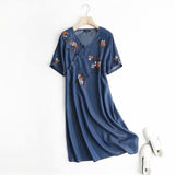 Women Dresses Flower Embroidery Denim Dress