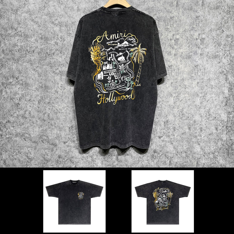 Amiri washed t-shirt hollywood golden dragon printing short sleeve