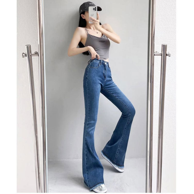 Women Jeans Raw Edge Elastic Slim Fit Slimming Bell-Bottom Pants