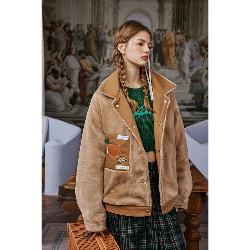 Unisex Coat University Style Plush Cotton Jacket Reversible Coat