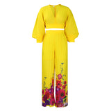 Women Jumpsuit V-neck Chiffon Bishop Sleeves Top