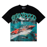 Godspeed T Shirts Speedboat Shark Print Cotton Crew Neck Short Sleeve Men and Women