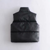 Women Vest Urban Leisure Faux Leather Cotton-Padded Vest
