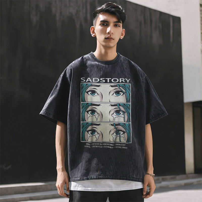 Mens Vintage T Shirt Printed Washing Water Short Sleeve T-Shirt