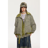 Unisex Coat Plaid Stitching PU Leather Coat