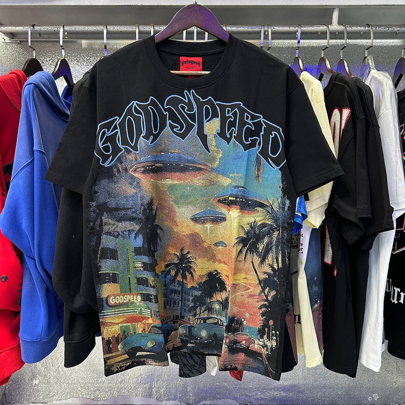 Godspeed T Shirts Urban UFO Printing Cotton Casual Short Sleeve Men and Women