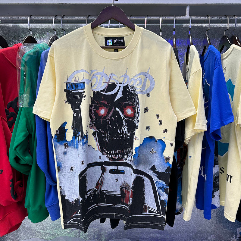 Godspeed T Shirts Driving Movie Skull Printing Cotton Casual Short Sleeves Men and Women