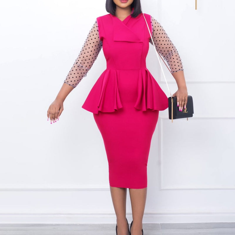 Women Dress V-neck Patchwork Ruffled Pencil Skirt
