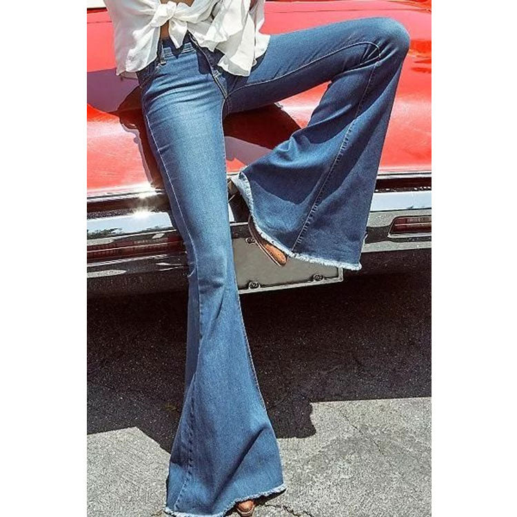 Women Jeans Frayed Flared Pants Stretch