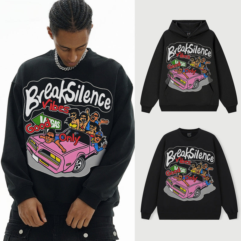 Vintage Hoodie American Street Print Autumn/Winter Hooded Crew Neck Sweater