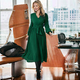Modest Office Dresses Pleated Belt V-Neck Dress