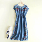 Women Dresses Elegant Embroidery Denim Dress