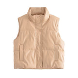 Women Vest Urban Leisure Faux Leather Cotton-Padded Vest