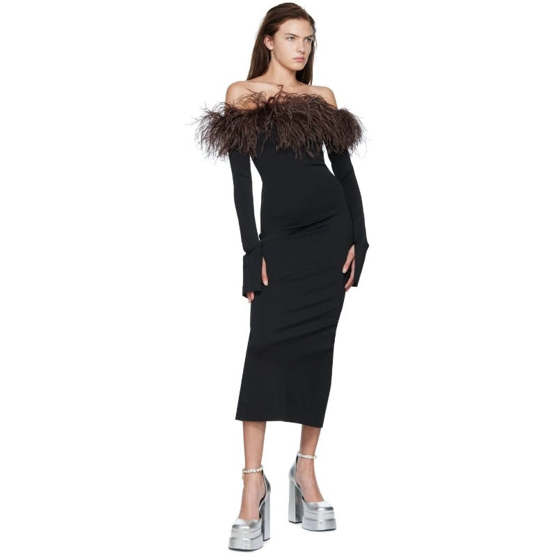 Women Dress Ostrich Feather Elegant Dress