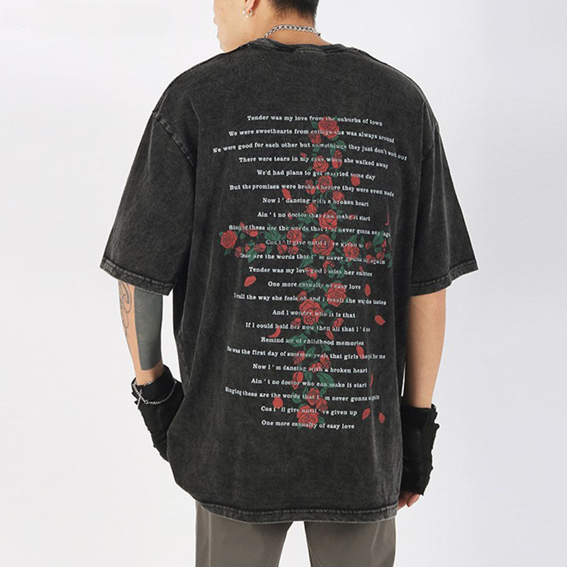 Men T-Shirt Cross Rose Print Distressed