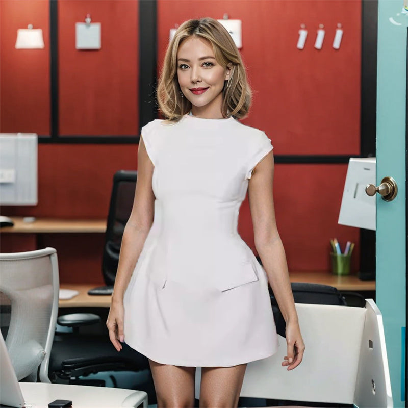 Modest Office Dresses Spring/Summer Solid Color Crew Neck Pocket