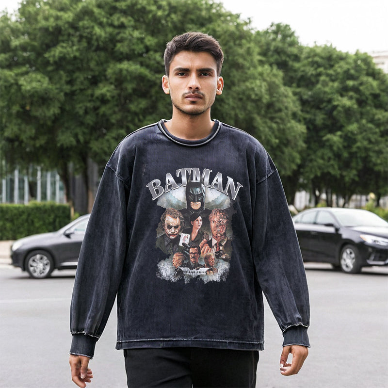 Mens Vintage Long Sleeve Shirt Printed Washed Long Sleeve T-Shirt