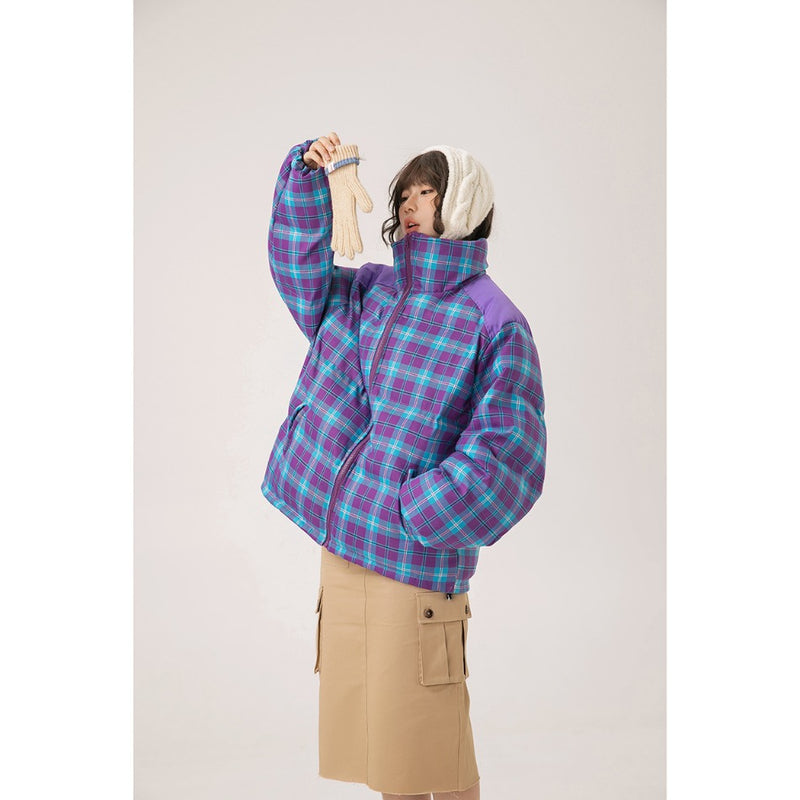 Unisex Coat Plaid Stand-up Collar Cotton-Padded Coat Winter Thickening