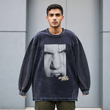 Mens Vintage Long Sleeve Shirt Print Crew Neck Long Sleeve