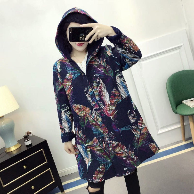 Women Cotton Coat plus Size Fleece-lined Linen Jacket Mid-Length