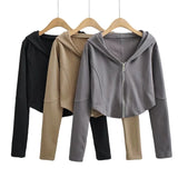 Women Hoodie Short Solid Color Simple Cardigan