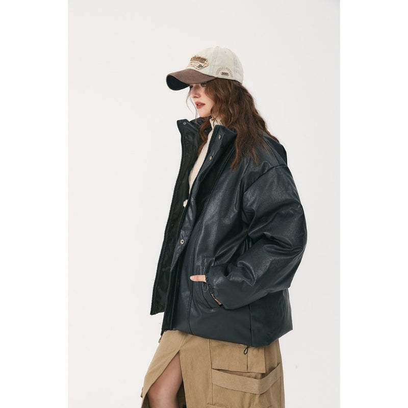 Unisex Coat PU Leather Cotton-Padded Jacket Loose