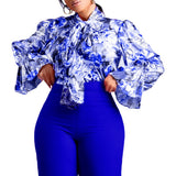 Women Tops Fashion Printed Lace up Shirt