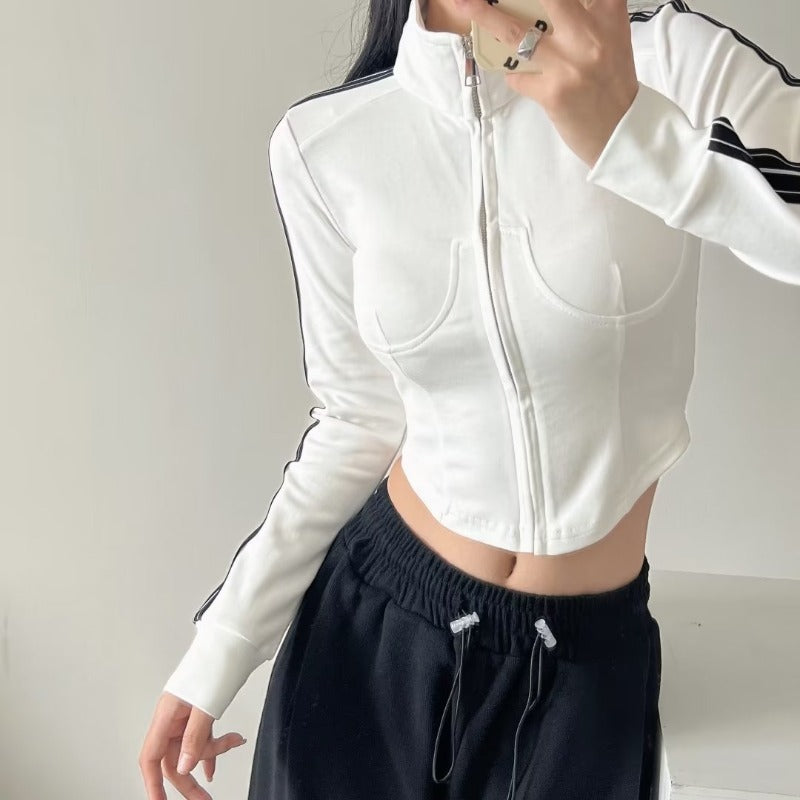 Women Hoodie Striped Stitching Tight Sports Sweater
