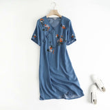 Women Dresses Flower Embroidery Denim Dress