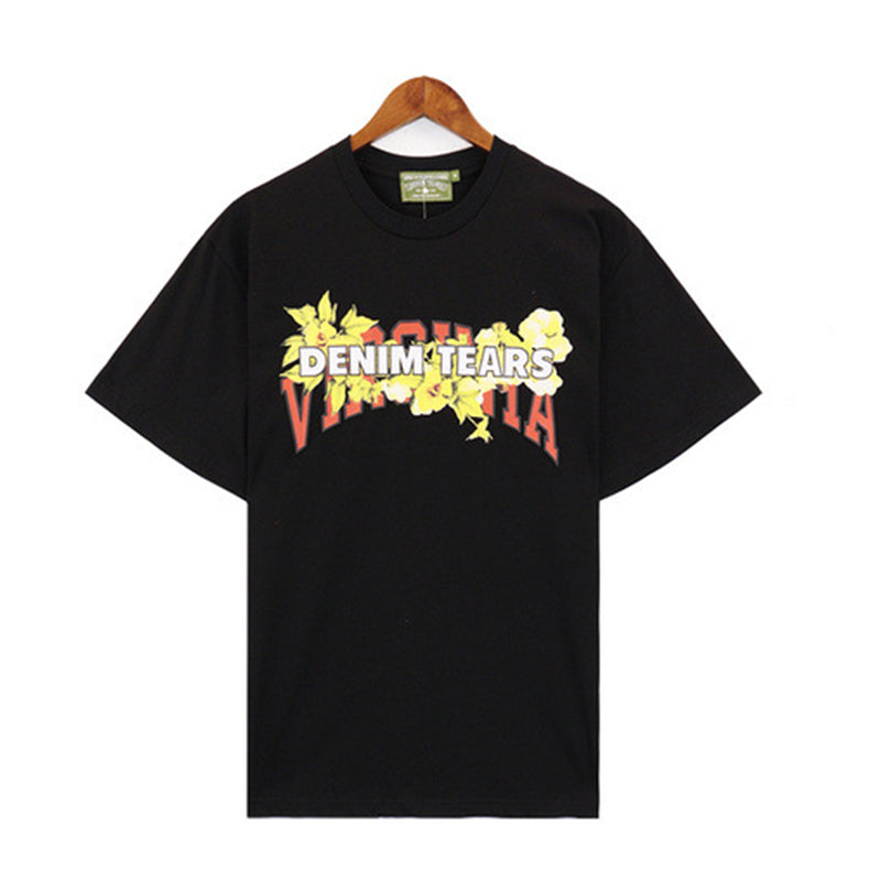 Denim Tears T Shirts Vintage Avatar Oil Painting Flower Letter Printing Men's and Women's Loose Casual Short-Sleeved T-shirt