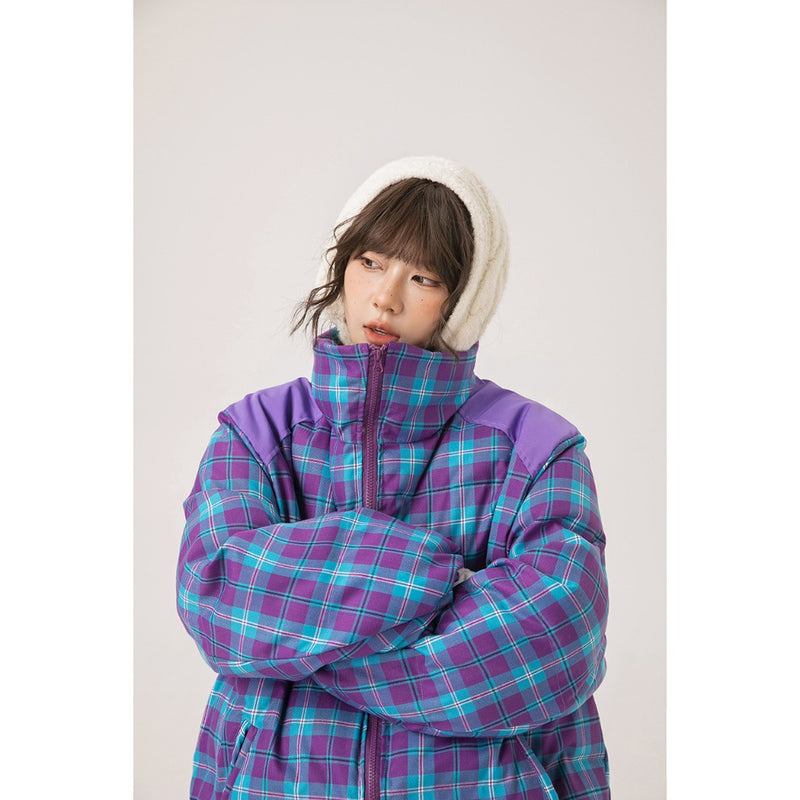 Unisex Coat Plaid Stand-up Collar Cotton-Padded Coat Winter Thickening