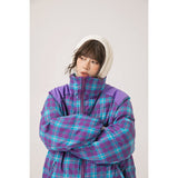 Unisex Coat Plaid Stand-up Collar Cotton-Padded Coat Winter Thickening