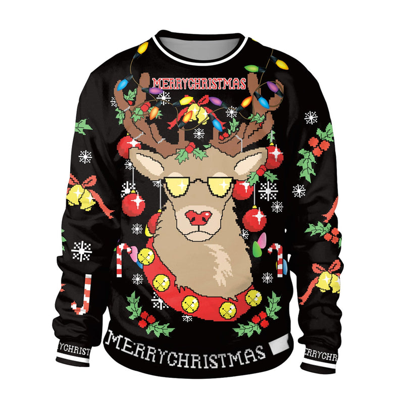 Ugly Christmas Sweater Reindeer Digital Printing Round-Neck Pullover