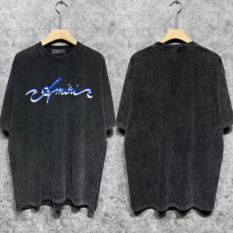 Amiri washed t-shirt blue art word printing short sleeves
