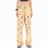 Cargo Pants Summer Cat Full Printed Drawstring